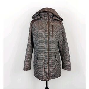 Lauren Ralph Lauren quilted jacket, protective hood, faux leather accents. PL